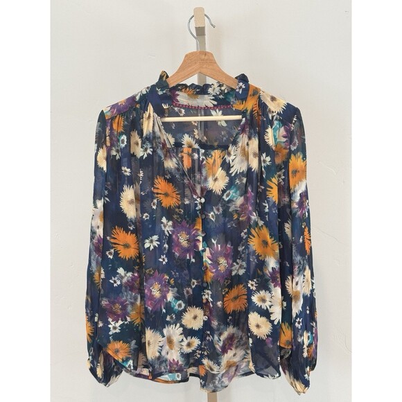 Anthropologie Estela Sheer Floral Button Up Blouse Women’s Sz S Multi V Neck - Picture 1 of 9